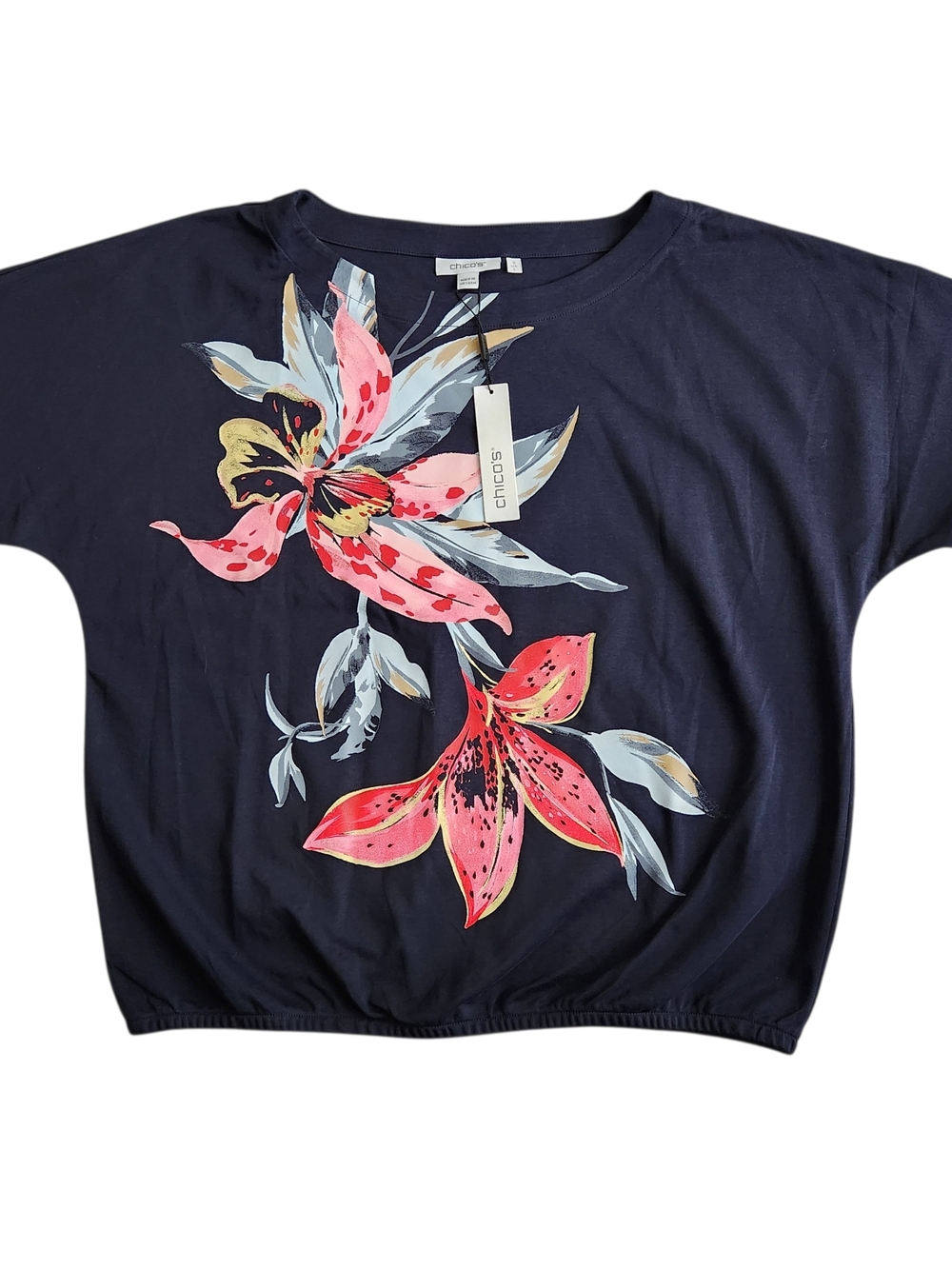 Chico's Navy Floral Short Sleeve Top